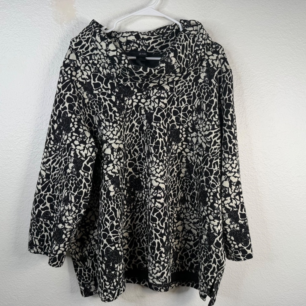Ali Miles Women's Top Black White Sz 2X Funnel Neck Lagenlook Artsy